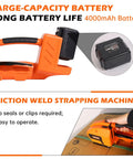 Built Tough Cordless Electric Strapping Machine With Bright Lcd Screen Dual Long Last Batteries For No Stress Pp Pet Strap Baling On Cartons And Heavy Pallets showing 4000mAh battery and ergonomic handle.