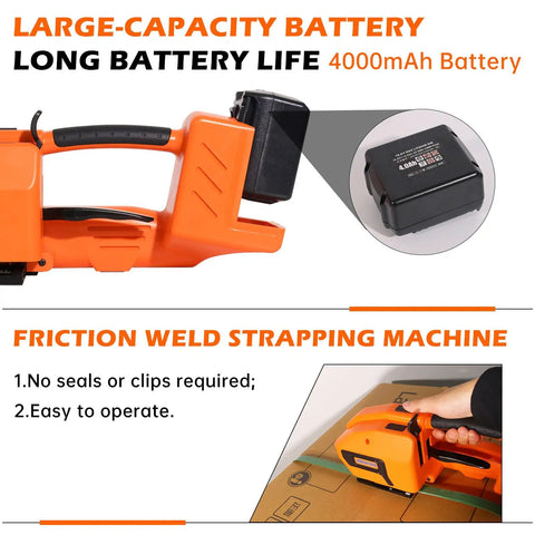 Built Tough Cordless Electric Strapping Machine With Bright Lcd Screen Dual Long Last Batteries For No Stress Pp Pet Strap Baling On Cartons And Heavy Pallets showing 4000mAh battery and ergonomic handle.