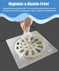 30 Pack Premium Self Adhesive 4.3 Inch Shower Drain Hair Catcher Mesh Strainer Adhesive Pad Clog Blocker Drain Cover being removed from a drain.