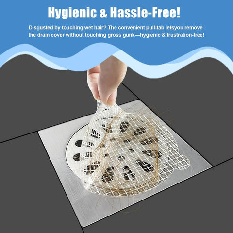 30 Pack Premium Self Adhesive 4.3 Inch Shower Drain Hair Catcher Mesh Strainer Adhesive Pad Clog Blocker Drain Cover being removed from a drain.