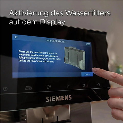 Top Shelf Six Pack Replacement Water Filter Cartridges Compatible With Siemens And Brita Intenza displayed on coffee machine screen.