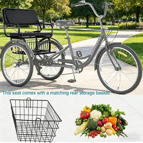 Heavy Duty 24 Inch Adult Tricycle With 7 Speed Gearing Three Wheel Bike With Rear Basket Supports Up To 550 Lbs, black frame