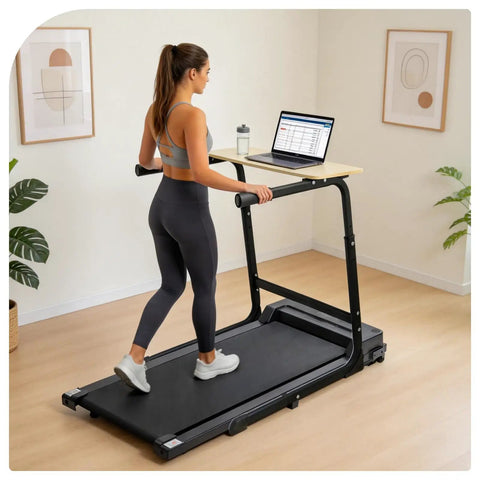 Woman using Walking Pad Desk Attachment With Adjustable Height And Handlebar Two-In-One Laptop Workstation in home office