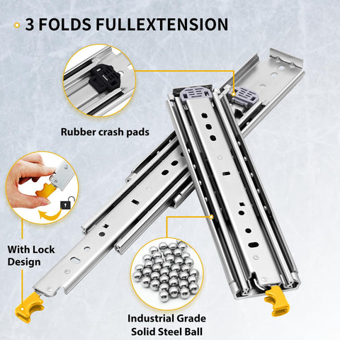 Heavy Duty Drawer Slides With Lock For Deep Drawers, Full Extension Side Mount Ball Bearing Rails, Locking Track Glides