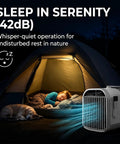 Hella Cold Blast 5100 BTU Portable Air Conditioner For Glamping And Overland Adventures Instant Chill Mode With Offline Voice Toggle Low Watt Power Station Campin Setup with sleeping child and dog in a tent.