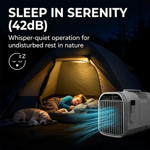 Hella Cold Blast 5100 BTU Portable Air Conditioner For Glamping And Overland Adventures Instant Chill Mode With Offline Voice Toggle Low Watt Power Station Campin Setup with sleeping child and dog in a tent.