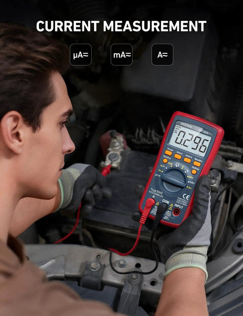 Person using Digital Multimeter Pro Grade With True RMS And Auto And Manual Ranging, 4000 Counts Voltmeter for current measurement