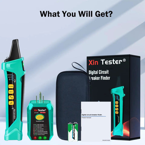 Digital Circuit Breaker Finder With NCV Tester, Built-In Flashlight, Voltage Tester, And Integrated GFCI Outlet Tester XT-33A kit displayed
