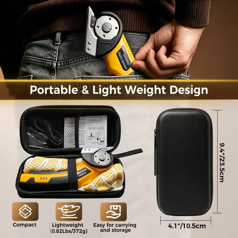 Super Snazzy Cordless Electric Box Cutter With 2 Blades For Cutting Cardboard Fabric Leather And Plastic, compact design in carrying case.
