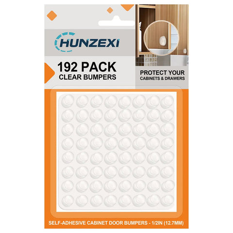 192 Pack Ultra Clear Silicone Cabinet Door Bumpers With Premium Self Adhesive Backing in packaging for easy peel and stick setup