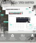 X820Ultra Web Driver interface showcasing customizable settings for the Slick Wireless Mechanical Gaming Keyboard With Roomy 75 Percent Tkl Build And Fresh Bamboo Top Plate Featuring Seamless Tri Mode Pairing Hot Swap Holes And Silky Pre Lubed Linear Switches For A Killer Typing Flow.