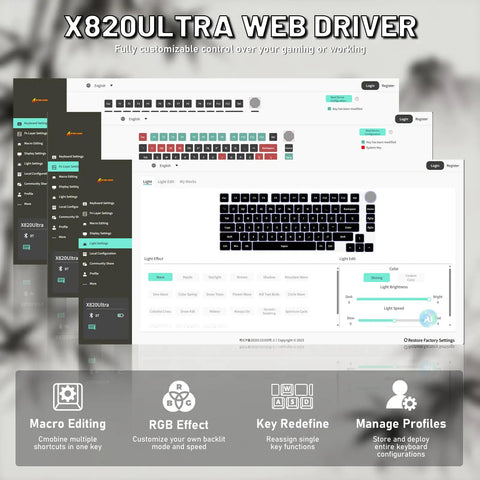 X820Ultra Web Driver interface showcasing customizable settings for the Slick Wireless Mechanical Gaming Keyboard With Roomy 75 Percent Tkl Build And Fresh Bamboo Top Plate Featuring Seamless Tri Mode Pairing Hot Swap Holes And Silky Pre Lubed Linear Switches For A Killer Typing Flow.