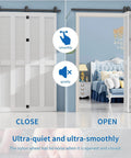 48-Inch Bifold Sliding Barn Door Hardware Kit For Four Doors With Top Mount Rollers, shown on white doors in open and close positions.