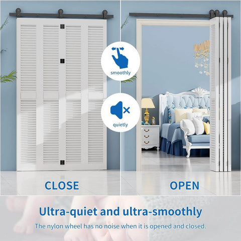 48-Inch Bifold Sliding Barn Door Hardware Kit For Four Doors With Top Mount Rollers, shown on white doors in open and close positions.