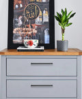 Grey cabinet with 30 Pack Solid Slim Square Drawer Handles For Cabinets, 7 And A Half Inch Center To Center, Matte Black Zinc Alloy