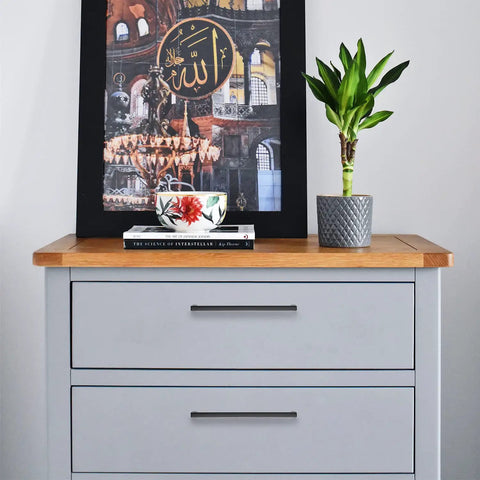 Grey cabinet with 30 Pack Solid Slim Square Drawer Handles For Cabinets, 7 And A Half Inch Center To Center, Matte Black Zinc Alloy