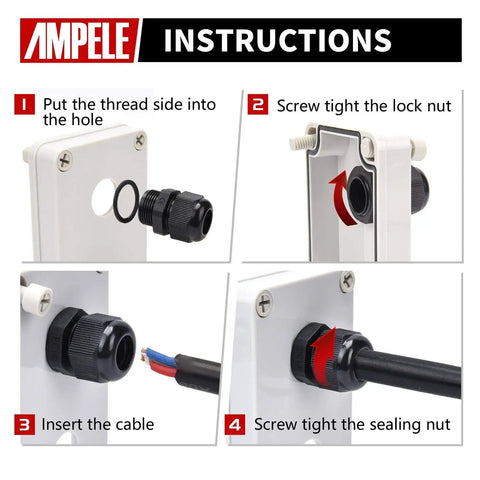 Installation guide for 20 Pack PG9 Waterproof Nylon Cable Glands With Gaskets Adjustable 4 to 8mm IP68 Outdoor Indoor Seals Black Cable Gland Kit.