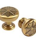 Durable Zinc Alloy Vintage Cabinet Knobs Five Pack - Antique Brass Drawer Pulls Art Deco Star Detail 1 1/8 Inch close-up view of hardware