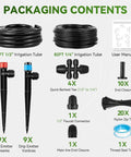 Packaging contents of 106Ft Drip Irrigation Kit With Quick Connect Tubing showing tubes, emitters, connectors, and manual.