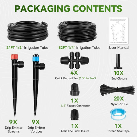 Packaging contents of 106Ft Drip Irrigation Kit With Quick Connect Tubing showing tubes, emitters, connectors, and manual.