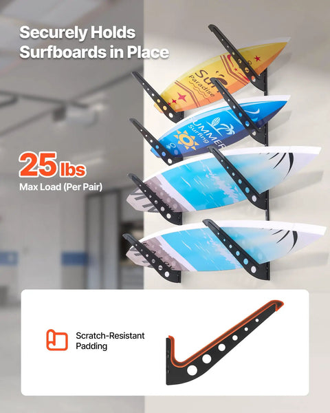 Badass 4 Tier Horizontal Surfboard Wall Mount Rack Adjustable Height Metal Organizer displaying surfboards on a wall with scratch-resistant padding.