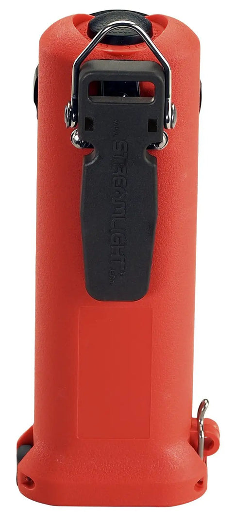 Back view of Survivor 175-Lumen Rechargeable Firefighter Right-Angle Flashlight, rugged orange body with belt clip attached.