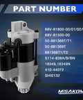 Illustration of heavy duty outboard starter motor with part numbers; works with Mercury Yamaha and Hitachi engines for 75-115HP models.