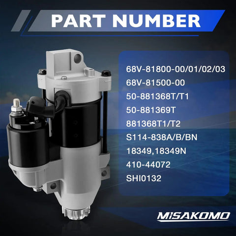 Illustration of heavy duty outboard starter motor with part numbers; works with Mercury Yamaha and Hitachi engines for 75-115HP models.