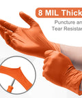 Built Tank Tough Heavy Duty 8 Mil Orange Nitrile Work Gloves Featuring A Diamond Textured Surface For Insane Grip And Maximum Puncture Protection In A Solid 50 Pack Perfect For Mechanics Who Want Real Deal Latex Free Gear Everyday, showing 8 mil thick gloves on hands.