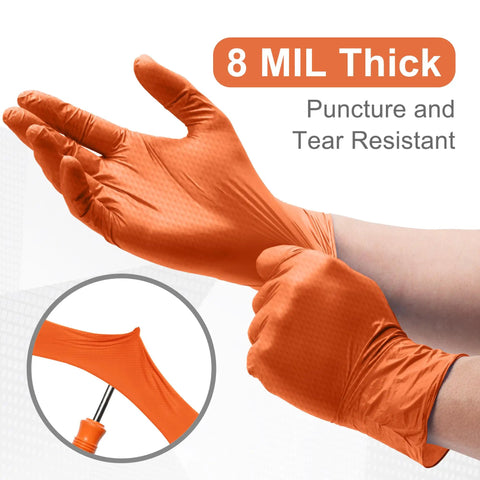 Built Tank Tough Heavy Duty 8 Mil Orange Nitrile Work Gloves Featuring A Diamond Textured Surface For Insane Grip And Maximum Puncture Protection In A Solid 50 Pack Perfect For Mechanics Who Want Real Deal Latex Free Gear Everyday, showing 8 mil thick gloves on hands.