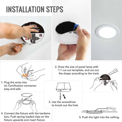 Installation steps for Six Pack Four Inch Ultra Thin LED Recessed Ceiling Lights With Junction Box Dimmable Canless Wafer Downlights.