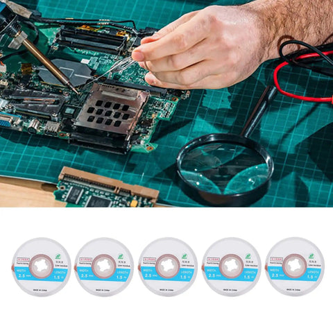 5Pcs Copper Desoldering Wick Solder Sucker Wire For Fast PCB Cleanup shown with repair tools and magnifying glass