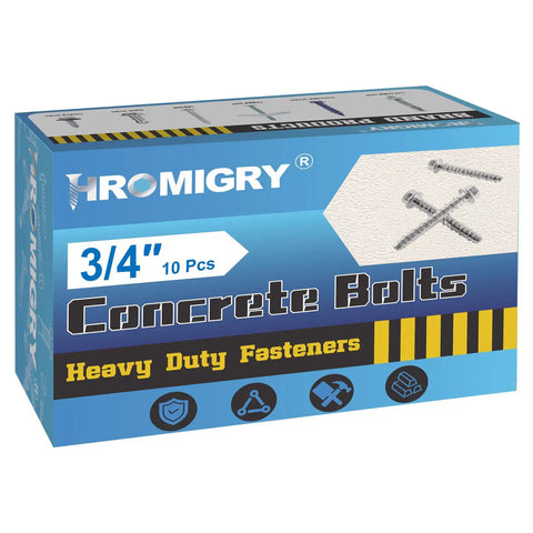 Rock Solid 3/4 Inch By 6 Inch Hex Concrete Screw Anchor Bolts Heavy Duty Carbon Steel Zinc Plated Finish 10 Pack box packaging with bolts.