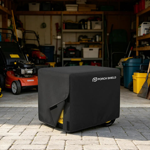 Heavy Duty Generator Cover For 5k To 10k Watt Rigs Built Different With All Weather Armor And Rainproof Shielding covering generator in garage.