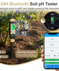 Ultimate Soil pH Meter With Bluetooth Water pH Tester monitoring soil in garden, digital display and phone sync, outdoor use