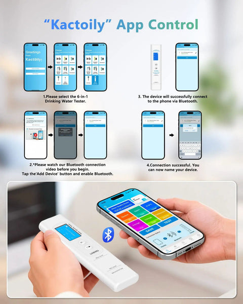 Person using the Six In One Smart Water Tester For Drinking Water With App Monitoring Digital Water Testing Kit and smartphone app
