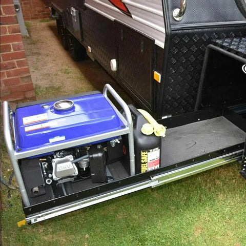 Heavy Duty Full Extension Ball Bearing Drawer Rails Built Like A Tank For Crushing Heavy Loads Smooth As Silk Glide With Industrial Locking Brackets Gonna Stand Strong On Pro Cabinets And Shop Shelving with a blue generator and fuel can.