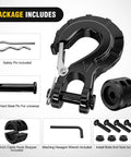 Package contents of Three Eighths Inch Grade 70 Forged Steel Winch Hook Set With Safety Latch, Cable Stopper And Clevis Slip Hooks, Black