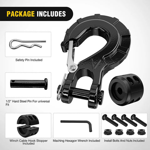 Package contents of Three Eighths Inch Grade 70 Forged Steel Winch Hook Set With Safety Latch, Cable Stopper And Clevis Slip Hooks, Black
