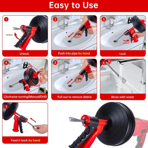Flexible Drain Snake Hair Clog Remover Comes Decked Out With A Drill Adapter To Blast Nasty Sink Tub And Shower Blockages Dead Fast So Your Lines Glide Smooth Without Any Chemical Fuss. user instructions showing usage steps.