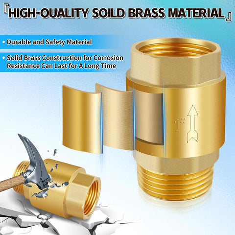 Two-piece brass NPT spring check valve, front view, 3/4in female/male, inline backflow preventer
