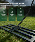 Heavy Duty Lawn Leveling Rake With Ergonomic Back Saving Handle for Dirt Sand and Topsoil Dressing Turf Safe Closed Base 31.5 by 11.8 inches resting on grass