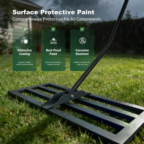 Heavy Duty Lawn Leveling Rake With Ergonomic Back Saving Handle for Dirt Sand and Topsoil Dressing Turf Safe Closed Base 31.5 by 11.8 inches resting on grass