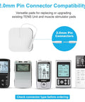 2.0mm pin connector compatibility display for Heavy Duty Tens Therapy Pads With Pad Holder 24 Pack, showing various TENS units.