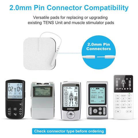 2.0mm pin connector compatibility display for Heavy Duty Tens Therapy Pads With Pad Holder 24 Pack, showing various TENS units.