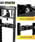 Beefy 12 Ton Hydraulic Press For Metalworking And Auto Repairs With H Frame Adjustable Work Table Stamping Plates Built In Safety Valve And Bearing And U Joint Installation For Bending Straightening And More displayed with easy operation instructions.