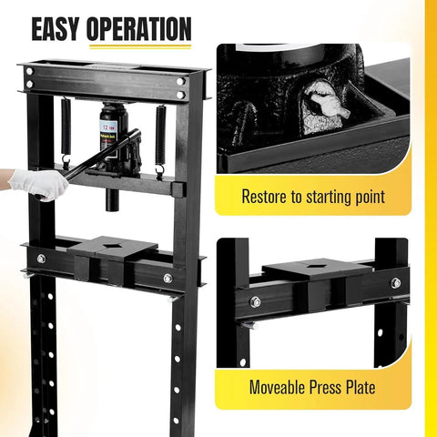 Beefy 12 Ton Hydraulic Press For Metalworking And Auto Repairs With H Frame Adjustable Work Table Stamping Plates Built In Safety Valve And Bearing And U Joint Installation For Bending Straightening And More displayed with easy operation instructions.