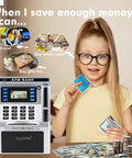 Child with Realistic ATM Piggy Bank For Kids With Real Money Deposits Debit Card Bill Feeder Coin Recognition Balance Calculator