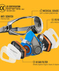 Front view of Half Face Respirator Mask Kit With Safety Goggles, Reusable RD518 With 2 A1 Organic Vapor Filters And 8 P2 Dust Filters