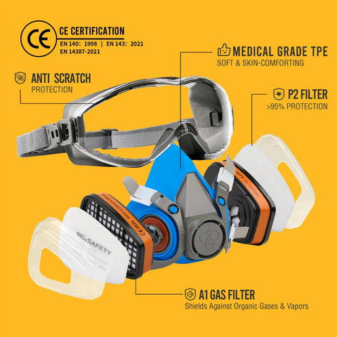 Front view of Half Face Respirator Mask Kit With Safety Goggles, Reusable RD518 With 2 A1 Organic Vapor Filters And 8 P2 Dust Filters